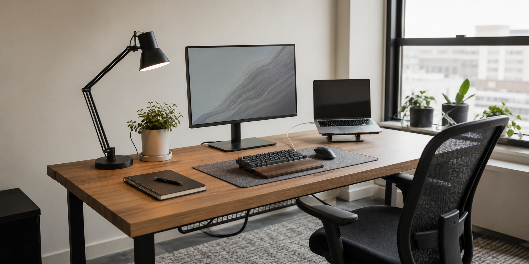 Modern home office desk setup with monitor, laptop, keyboard, lamp, and organized accessories